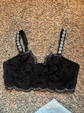 Victoria's Secret Black Lace Longline Bra with Embellished Straps